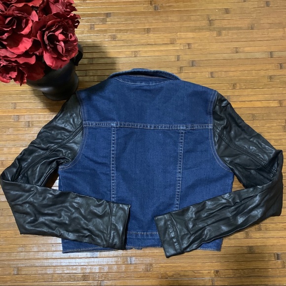 Forever 21 Denim Jacket Faux Leather Sleeves - Picture 2 of 8